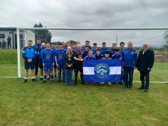 The Burnfoot United squad pictured with Mayor Dawn Huggins and Councillor Edgar Scott.
