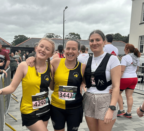 Sarah, Lynn and Rebecca getting ready to race at the Waterside Half Marathon.