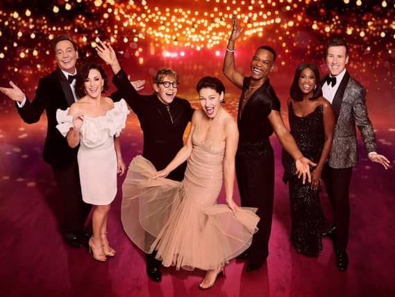 The Strictly Come Dancing judges alongside new hosts Emma Willis, Johannes Radebe, and Josh Widdicombe