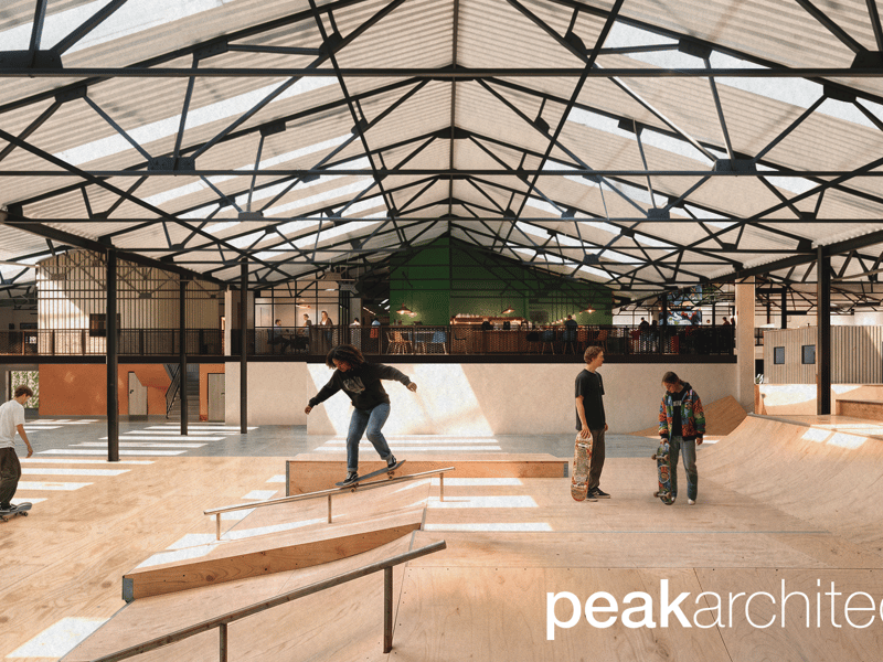 Artists impression shows ahow skateboarding will look at Onboard Skate Park site. Photo: Peak Architects