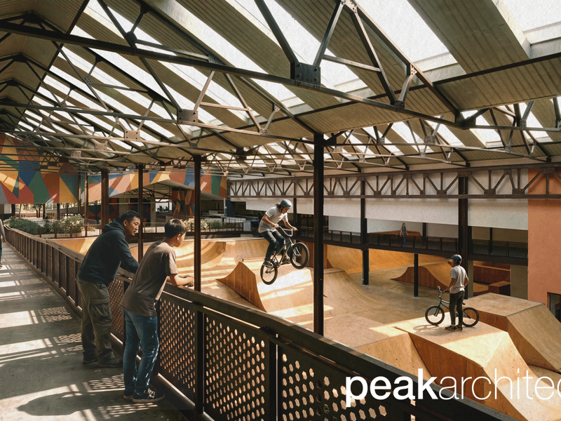 This is how the Onboard Skate Park will look when it  opened, with this picture showing an artist's impression of BMX action. Photo: Peak Architects
