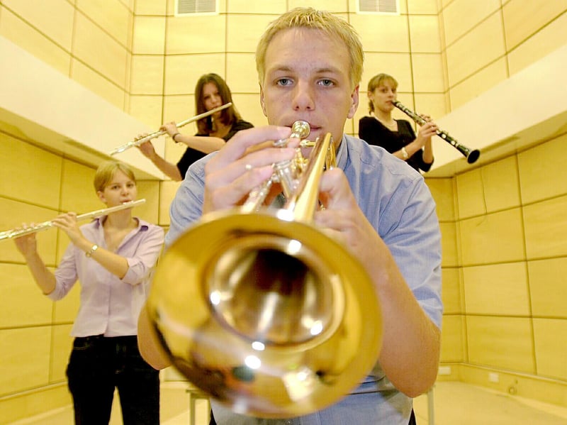 Matt Woods and other music students test out the new music room which will be used for performance at South Downs College.
Picture: Luke MacGregor
