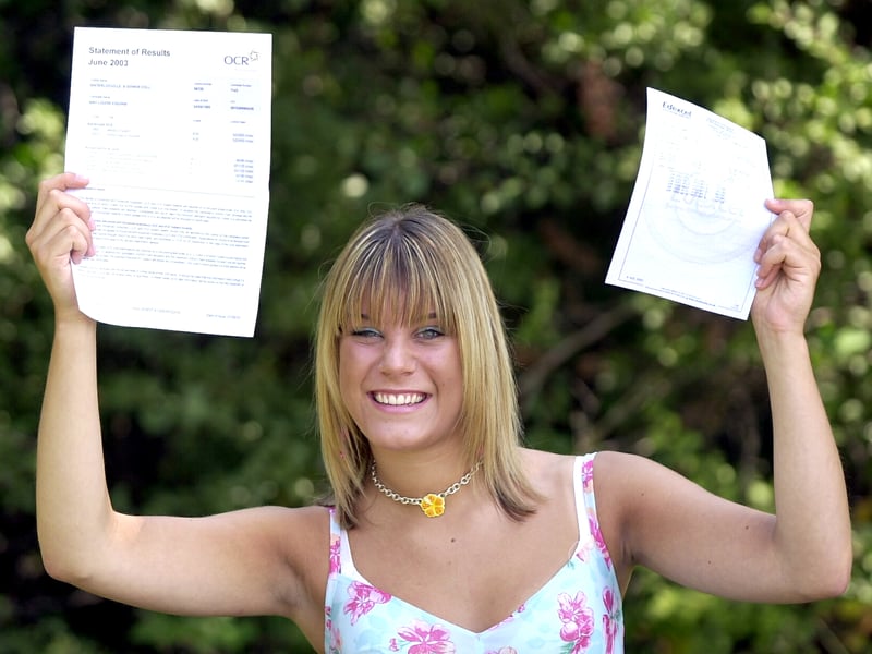 South Downs College student Amy Figgins with her A level results in August 2003.
Picture: Jonathan Brady (034058-112)