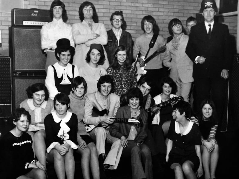 The Skylons and the Bird 'n' B's at the Webb Youth Club in Dawley - the spelling was for some reason later changed to Web - around the late 1960s. The photo is from the memorabilia of Mrs Dawn Rice, nee Cullis, who is front centre, with a big smile. The Skylons were a Dawley group. Dawn was a girl drummer in Shropshire groups in the 1960s and into the 1970s. They included The Greasers from Dawley, The Pacifics from Newport, and then mainly Bird 'n' B's, and then Fluff, and ultimately Dollymixcha and then Duplicate. Her husband Derek Rice, whom she married in 1971, was a singer and guitarist in Walsall group The Saddlers.