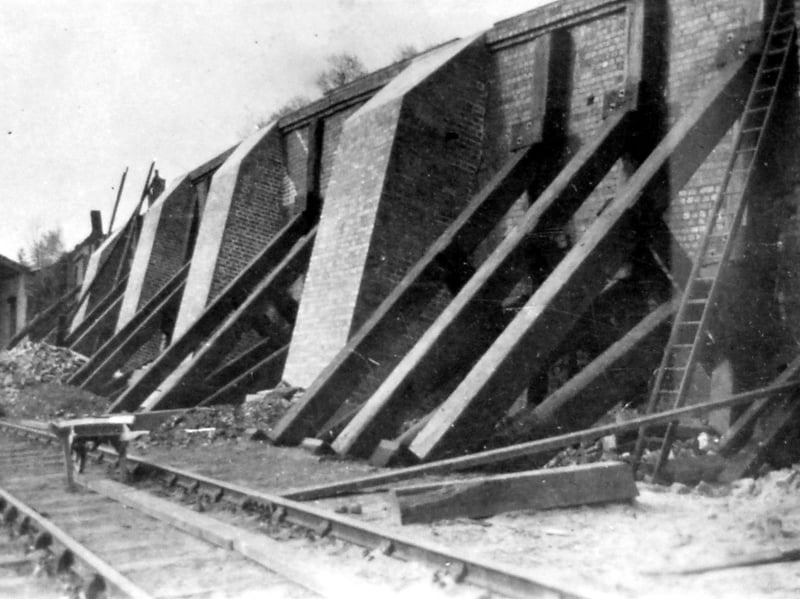 Another view of the batters, which were new buttresses on the retaining wall at Coalport, pictured in about 1923 or 1924. This was on the east side of the River Severn.