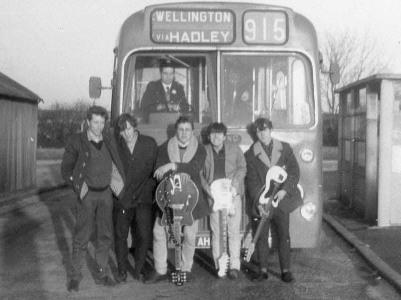 Donnington pop group Tulsa Moods in the 1960s standing in front of a Midland Red bus, the 915 service to Wellington via Hadley. Robert Murray, aka Cliff Murray, who loaned us this picture - we're not sure what connection, if any, he had to the group - said: "In the photograph they are looking for a bus to success. From left to right: Dave Powell, lead singer from Donnington, David ( Noddy) Adams, drummer from Donnington, Billy Brown, rhythm guitar from Shrewsbury and Glasgow (semi pro), and Johnny Gardener, lead guitar from Donnington. Their music was mainly pop but did most styles. They had quite a following and played most gigs in Shropshire but did venture as far as Camberwell."