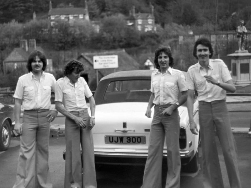 We're still following the pop career of Dave Alexander of Shrewsbury, and here he is with pop group Shady Lady on the car park at Ironbridge. The Rolls-Royce just happened to be parked there. Dave names them as, from left, Ian Law, from south Shropshire, he thinks possibly somewhere like Bishop’s Castle; Richard Robey from Broseley; himself Dave Alexander; and Chris Higgins from Admaston who later on won the Stars in Their Eyes television competition as Chris de Burgh.