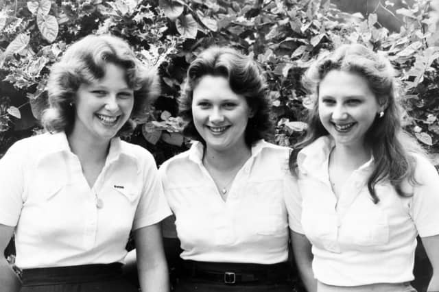 The Noble sisters of Madeley in 1978. “Three Shropshire sisters have entered the recording business. Viv, Della and Stephanie Noble, of Madeley, Telford, provide the backing tracks on the latest album from Lilleshall singer Bobby Ray called Something in the Ayre, which is to be released in October…” was the original caption.