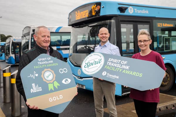 Celebrating the Gold Award at Ballymena Bus Station are (L-R): Enda Sheridan (Translink), Christopher Allen (Translink), Anna Green (Live Here Love Here).