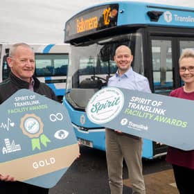 Celebrating the Gold Award at Ballymena Bus Station are (L-R): Enda Sheridan (Translink), Christopher Allen (Translink), Anna Green (Live Here Love Here).