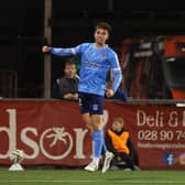 Conor Burns celebrates after scoring the only goal of the game in Ballymena United's win over Crusaders.