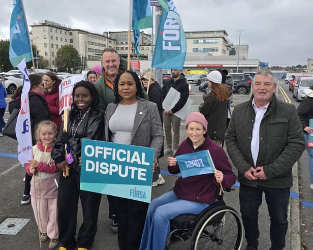 Public sector protestors taking part in today's official nationwide dispute with Mayor of Galway City Cllr Helen Ogbu and Labour Cllr John McDonagh.