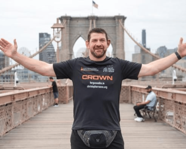 Fergus Farrell on the Brooklyn Bridge during his mega-marathon
