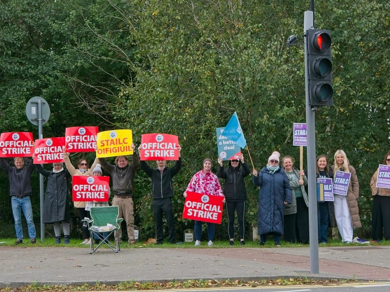 Striking public sector workers from Pipers Hill College and Gaelscoil Nás na Riogh, Wednesday, October 14