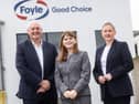 Pictured at the Foyle Food Group in Omagh at the announcement of a major £15million investment are from left, Terry Acheson, CEO of Foyle Food Group, Economy Minister Dr Caoimhe Archibald and Gráinne Moody, Director of Food and Drink at Invest NI. SU5542CD26
