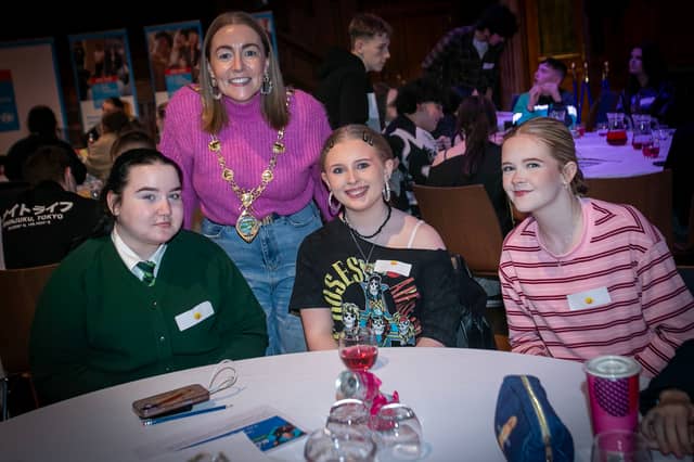 The Mayor Grace Ui Niallais pictured with some of the young people at Tuesday's 'Have Your Say' conference in the Guildhall.
