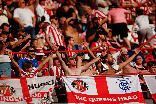 Sunderland supporters cheer during the Europa League round 1 day 2 football match between SCU Torreense and Sunderland AFC at the Dr. Magalhaes Pessoa Stadium in Leiria.