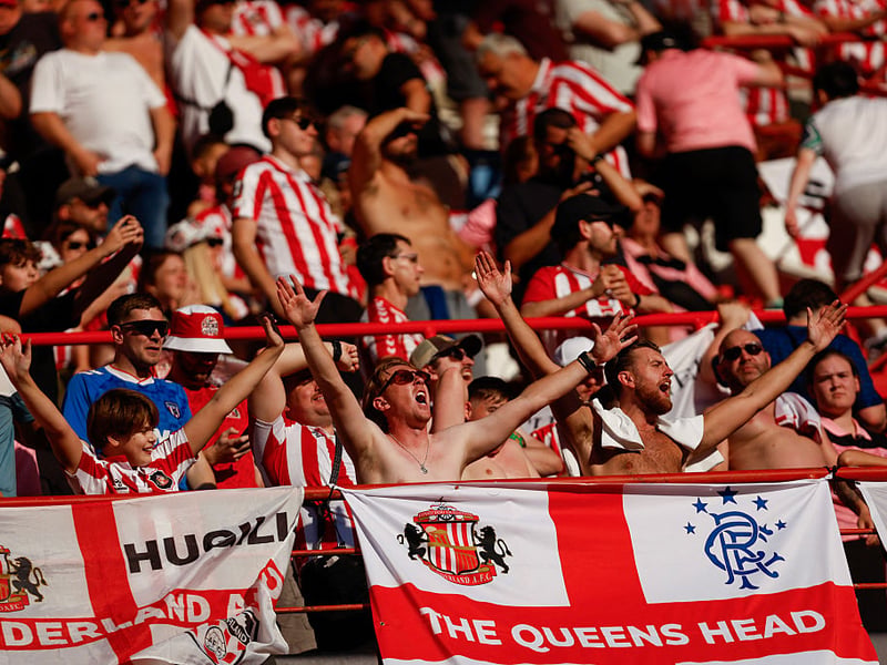 Sunderland supporters cheer during the Europa League round 1 day 2 football match between SCU Torreense and Sunderland AFC at the Dr. Magalhaes Pessoa Stadium in Leiria.