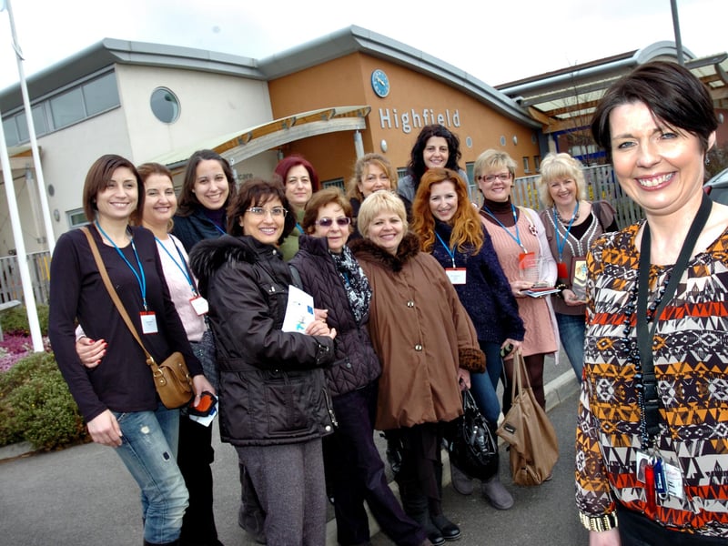 European visitors got a warm welcome when they came to the school in 2012. Pictured front right is Rachel Ford, the Intouch Coordinator for Highfield school.