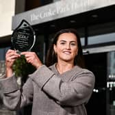 Shane O'Neill's legend Aimee Mackin displays her Croke Park Hotel/LGFA September Player of Month Award