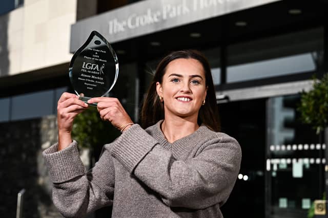 Shane O'Neill's legend Aimee Mackin displays her Croke Park Hotel/LGFA September Player of Month Award