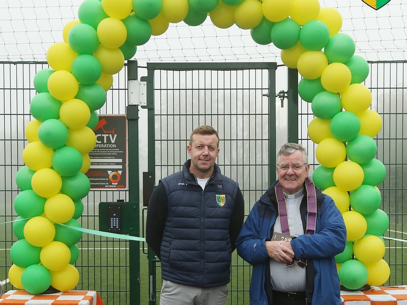 CONOR Campbell Chairperson with Canon Michael Toner who blessed the 4G pitch and cut the ribbon to officially declare the pitch opened. LB4069