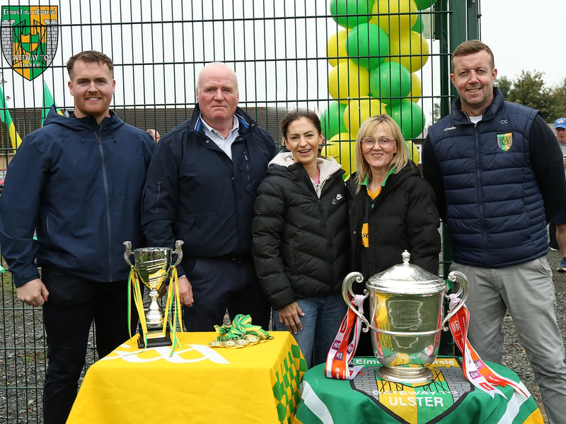 Brian Murphy (Micéal’s brother) Kevin Murphy (Dad), Councillor Aoife Finnegan, Fidelma Murphy (Mum) and Conor Campbell Chairperson Dorsey Emmet’s GFC, ahead of the historic first match on our new 4G, the Micéal Murphy memorial match with Dorsey Emmet v Shane O’Neills. LB4066