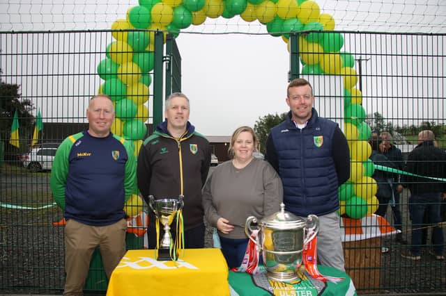 PEARSE McGee, Ciaran and Mary McGlinchey and Conor Campbell committee members delighted that their vision has come to life and the new 4g pitch has been officially openeed. LB4077