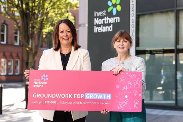 Economy Minister, Dr Caoimhe Archibald, is pictured with Alison Currie, chief development officer at Invest NI as she announces the new Groundwork for Growth programme - a programme of support to help small businesses to grow by winning new sales in export markets.