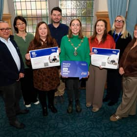 Mayor of Derry and Strabane, councillor Grace Uí Niallais, at the launch of Talk Money Week led by the Money and Pension Services and held in the Mayor's Parlour. From left, are Gary McGouran, Make the Call, Na Li, Advice North-West, Helen Harley, Derry City and Strabane District Council, Ronan Convery, Consumer Council, Ciara McLaughlin, Advice North-West, Yasmin Johnstone, Trading Standards and Margaret McCloskey, Money & Pension Services