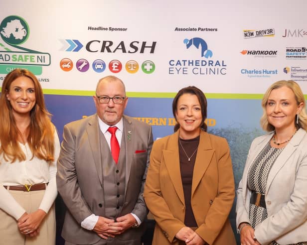 Rachel Lyness, business liaison manager at Cathedral Eye Clinic, associate sponsor, Davy Jackson, chair of Road Safe NI Charity, Infrastructure Minister, Liz Kimmins and Paula Mahoney, marketing director at CRASH Services, headline sponsor, at the launch of the NI Road Safety Awards.