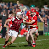 Cushendall's Fred McCurry in action against Loughgiel's Shan McGrath during their Senior Hurling Championship semi-final at Pairc McUílín, Ballycastle.