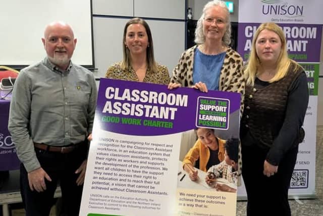Strabane Sinn Féin councillors, Brian Harte and Collette McAllister, pictured with union representatives at the UNISON campaign event in the Fir Trees Hotel.