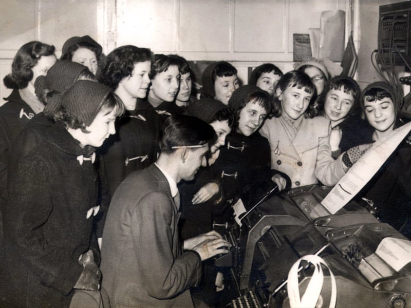 The Joan Collins Babes who were appearing in Cinderella at the Lyceum Theatre visit The Star and Telegraph offices, 1956.