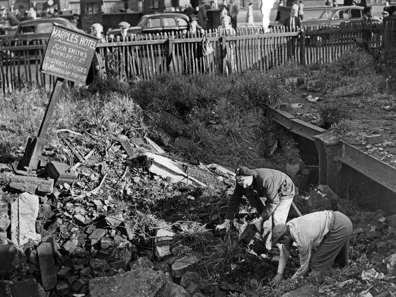 Digging through the rubble of the Marples Hotel as work begins to rebuild the original seven-storey building which was destroyed during the Sheffield Blitz on December 12, 1940. Around 70-lives were lost after taking a direct hit from a Luftwaffe bomb in a German bombing raid. The rebuild would not be finished for three more years – 19-years after that fatal evening.