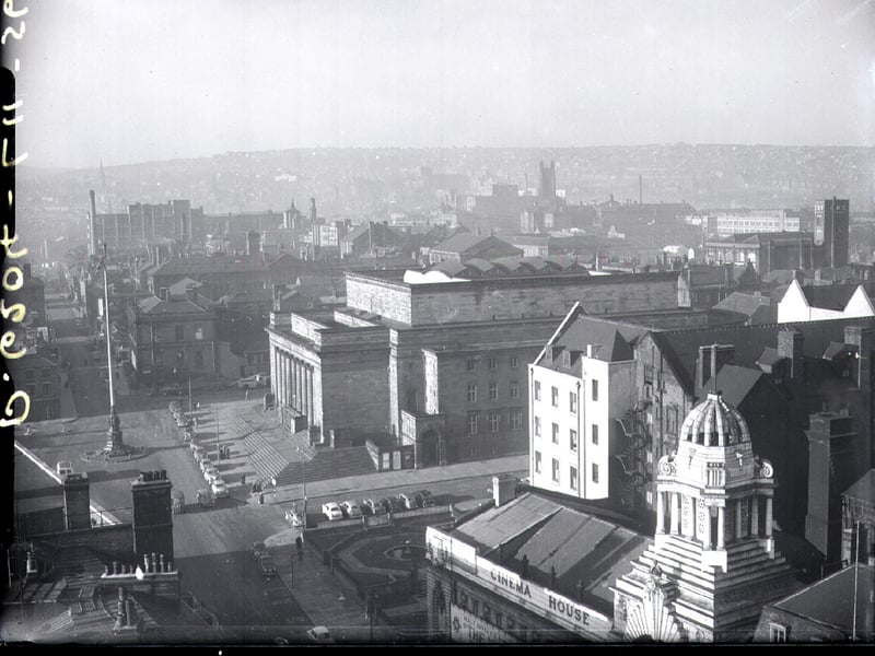 View towards the Sheffield City Hall along Barkers Pool seen from the Town Hall tower. Taken in 1956 it shows the  City Hall Cinema House, Grand Hotel and Royal Hospital (top left )