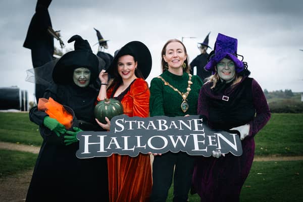 Mayor of Derry City and Strabane District Council Mayor Grace, Uí­ Niallais, pictured at the launch of the Strabane Halloween progranne with sisters of the coven, Wendy, Sophie and Tina. 