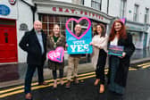 Derry City and Strabane District Council, Mayor Grace Uí­ Niallais, pictured during a recent visit to support Love Strabane's renewal ballot.
Pictured also are Michael Kelly, BID vice chairman, Kieran Kennedy, BID chairman, Debbie Deans, business development director at 21 Training, and Emma McGill,  Strabane town centre development manager. 