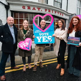 Derry City and Strabane District Council, Mayor Grace Uí­ Niallais, pictured during a recent visit to support Love Strabane's renewal ballot.
Pictured also are Michael Kelly, BID vice chairman, Kieran Kennedy, BID chairman, Debbie Deans, business development director at 21 Training, and Emma McGill,  Strabane town centre development manager. 