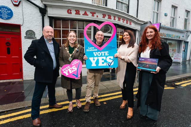 Derry City and Strabane District Council, Mayor Grace Uí Niallais, pictured during a recent visit to support Love Strabane's renewal ballot.
Pictured also are Michael Kelly, BID vice chairman, Kieran Kennedy, BID chairman, Debbie Deans, business development director at 21 Training, and Emma McGill, Strabane town centre development manager.