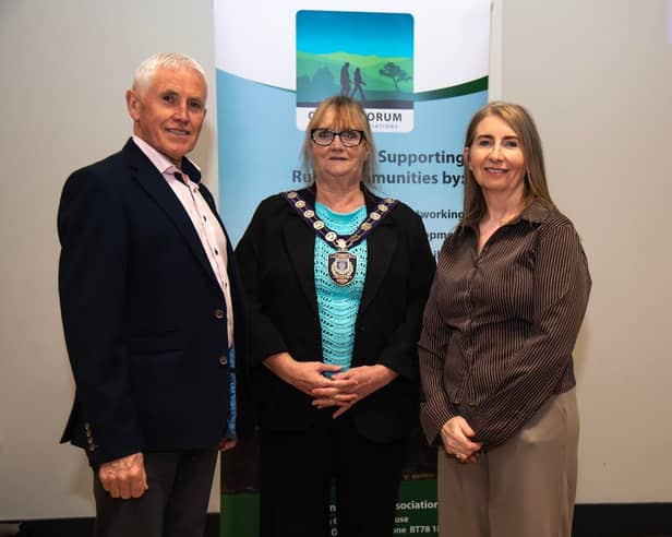 Gerry McCaffrey, chairperson of Omagh Forum for Rural Associations with Councillor Debbie Coyle, chairwoman of Fermanagh and Omagh District Council, and MaryT Conway, Network Manager of Omagh Forum at the recent AGM and Annual Networking event.