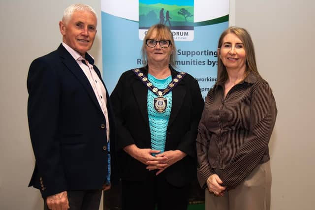 Gerry McCaffrey, chairperson of Omagh Forum for Rural Associations with Councillor Debbie Coyle, chairwoman of Fermanagh and Omagh District Council, and MaryT Conway, Network Manager of Omagh Forum at the recent AGM and Annual Networking event.