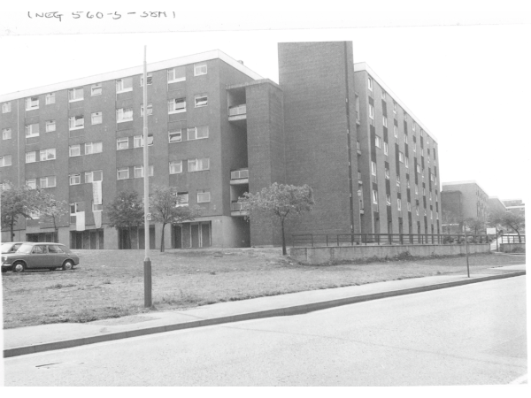 Photograph showing Trafalgar Flats in 1980. The flats were built following the redevelopment of the area around Trafalgar Street, with the terraced houses being demolished to build them. The flats were demolished in 1997.