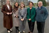 Discussing the future development of the St Lucia Barracks site in Omagh are from left, Nicola Brogan MLA, Órfhlaith Begley MP, Economy Minister Caoimhe Archibald, Infrastructure Minister Liz Kimmins and Cllr Barry McElduff. SU5942CD26