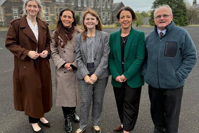 Discussing the future development of the St Lucia Barracks site in Omagh are from left, Nicola Brogan MLA, Órfhlaith Begley MP, Economy Minister Caoimhe Archibald, Infrastructure Minister Liz Kimmins and Cllr Barry McElduff. SU5942CD26
