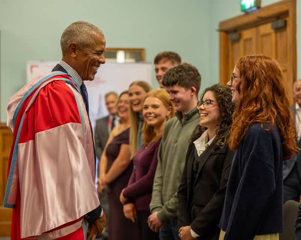 President Obama meets a group of students at Queen's University Belfast