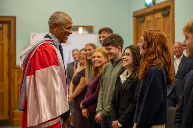 President Obama meets a group of students at Queen's University Belfast