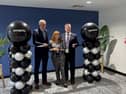 Conor Buckley, CEO of Granite Digital, left with Dr Caoimhe Archibald, Minister for the Economy; Marcus Isherwood, Chief Revenue Officer at Granite Digital (founder of Creative Media). SU5642CD26