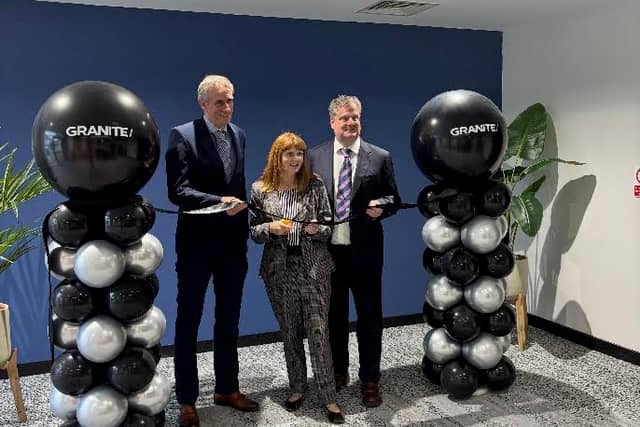 Conor Buckley, CEO of Granite Digital, left with Dr Caoimhe Archibald, Minister for the Economy; Marcus Isherwood, Chief Revenue Officer at Granite Digital (founder of Creative Media). SU5642CD26