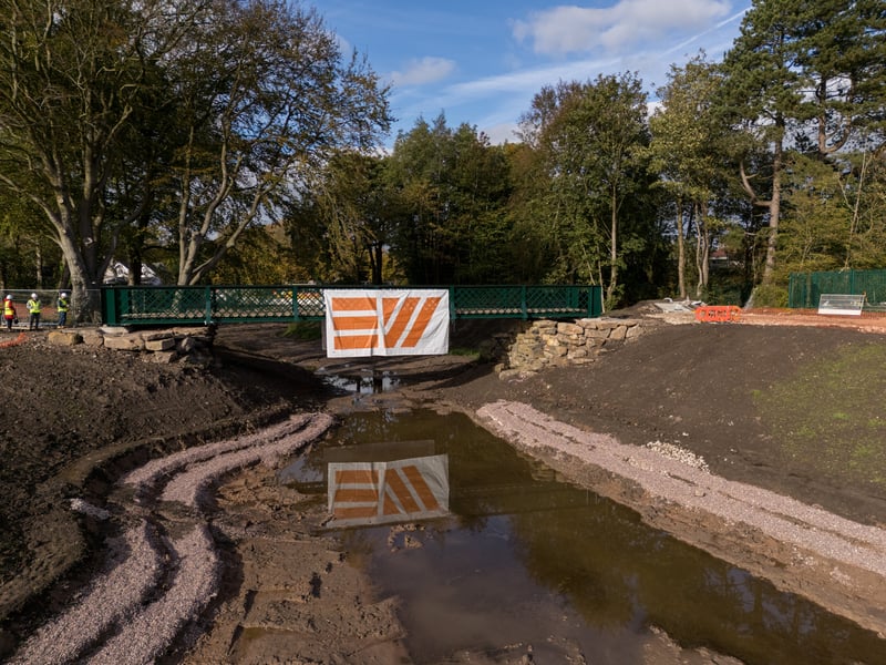 Serpentine Lake bridge after being lowered into place by crane at Moor Park, Preston. Photo: Kelvin Lister-Stuttard